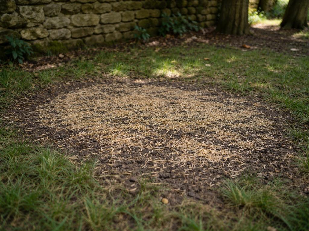 Zone de pelouse ombragée sous des arbres, regarnissage avec semence sombre et paillage léger près d’un mur nord.