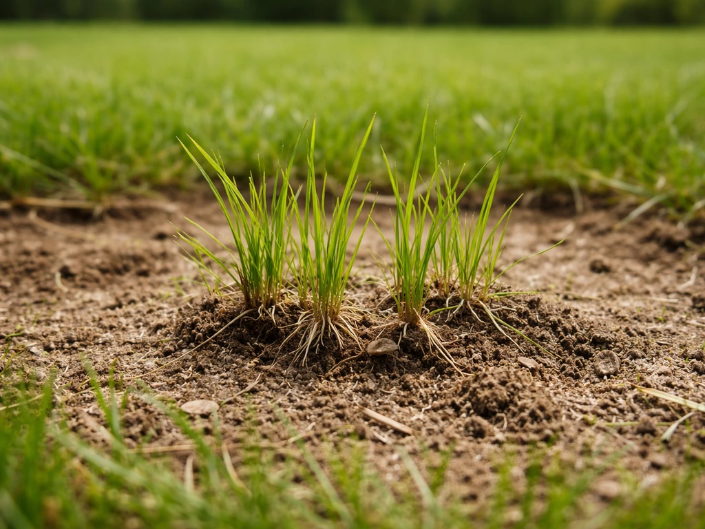 Gros plan sur un jeune gazon avec quelques plantules arrachées autour d’une zone désherbée