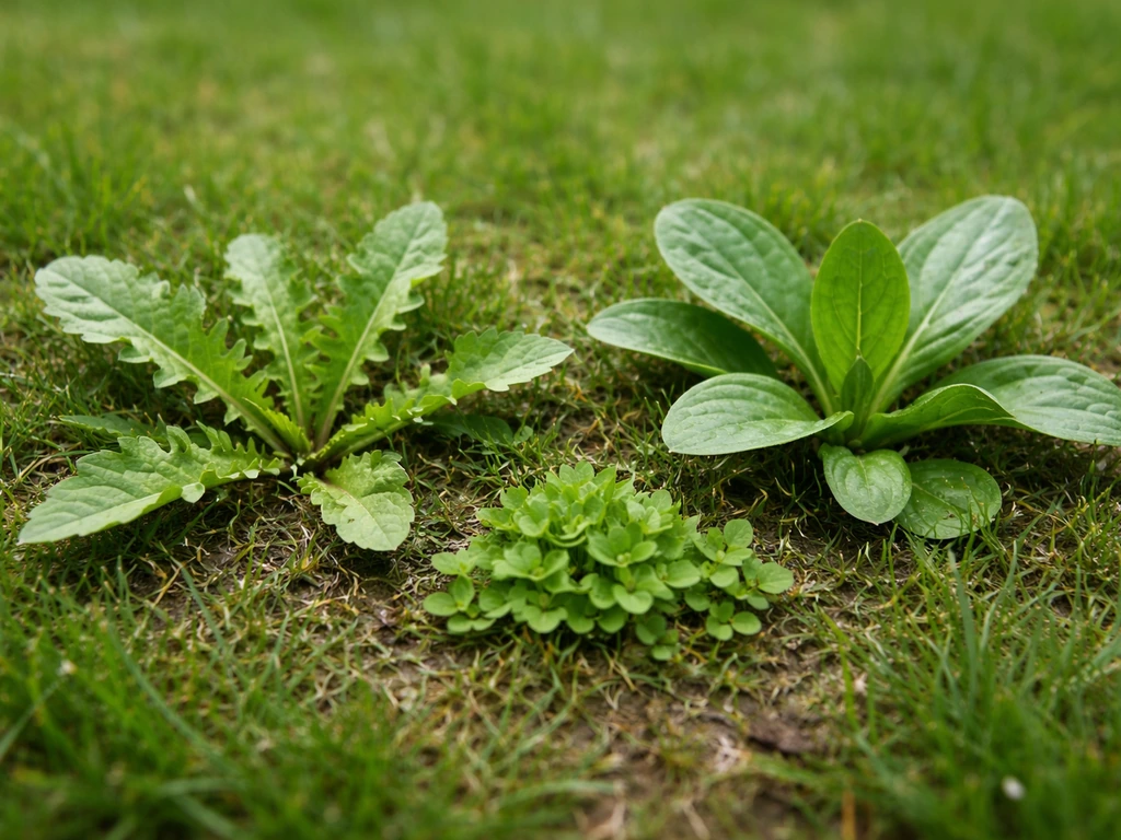Gros plan sur un jeune gazon avec plusieurs adventices en rosettes et feuilles visibles pour les reconnaître.