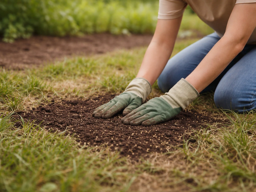Jardinier à genoux qui regarnit une zone clairsemée avec terreau et semences, puis tasse légèrement avec la main.