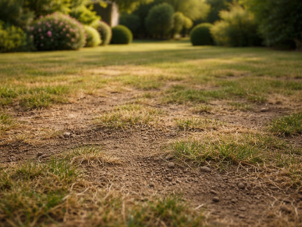 Gazon clairsemé et décoloré dans un jardin français, avec zones à regarnir visibles.