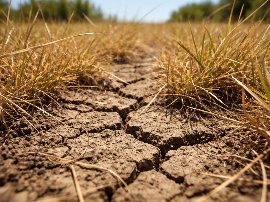 Sol de pelouse craquelé et herbe jaunie en plein été, illustrant un manque d’eau.