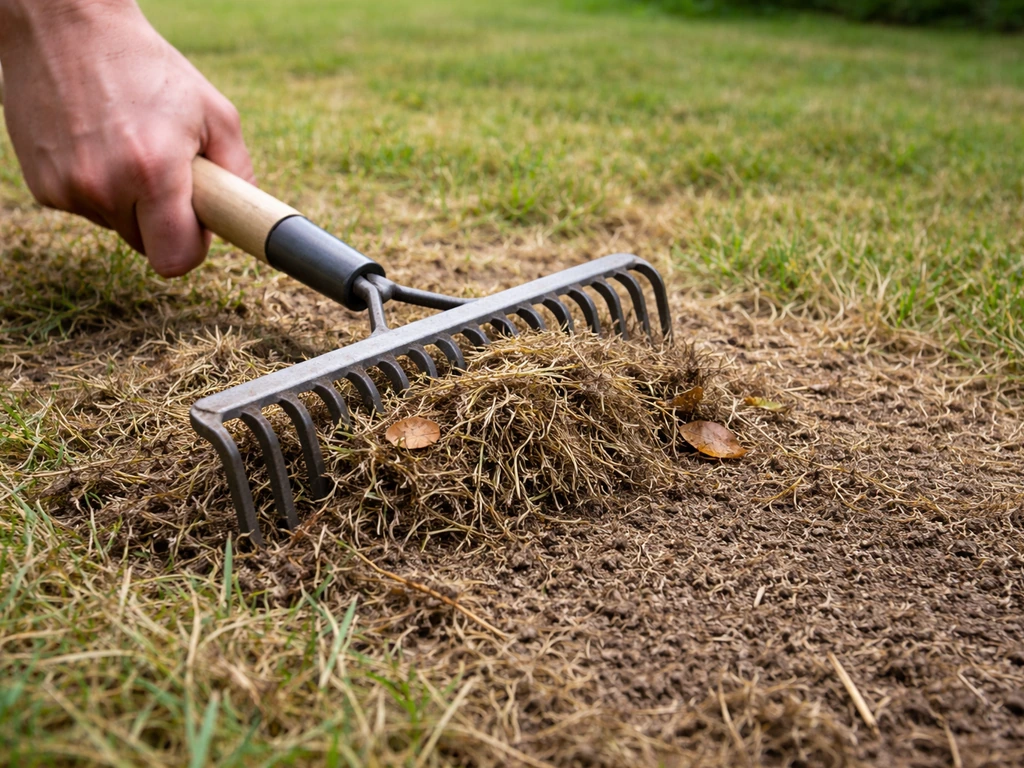 Gros plan sur un râteau à dents métalliques qui retire l’herbe morte et les feuilles d’une pelouse.