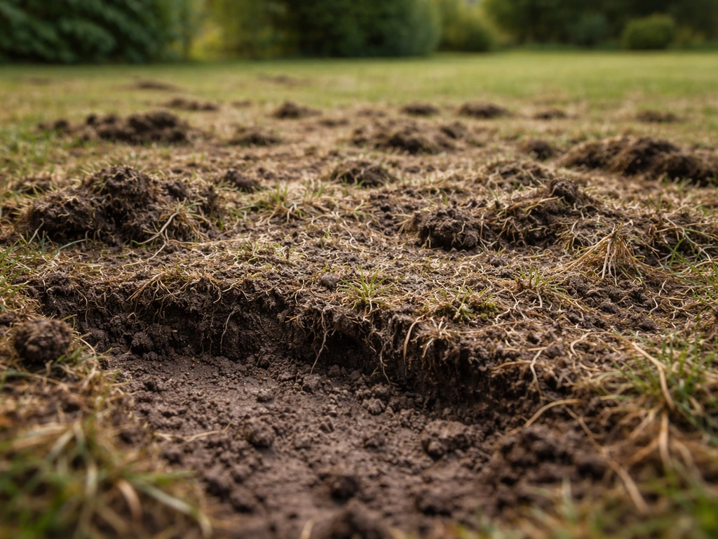 Gros plan sur mousse et feutre végétal retirés, montrant un sol compacté et sa texture après rénovation.