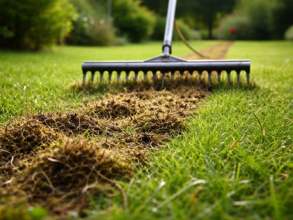 Pelouse de printemps juste ressuyée avec un râteau ou scarificateur léger raclant les brins d’herbe au ras du sol.