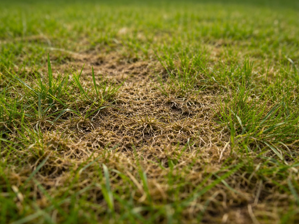Gros plan sur une pelouse de printemps avec feutre en surface et brins jaunis, prête à être raclée.