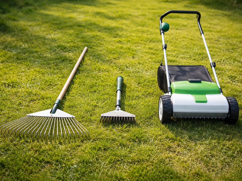 Pelouse printanière avec trois outils de raclage posés au sol : râteau, racloir manuel et scarificateur