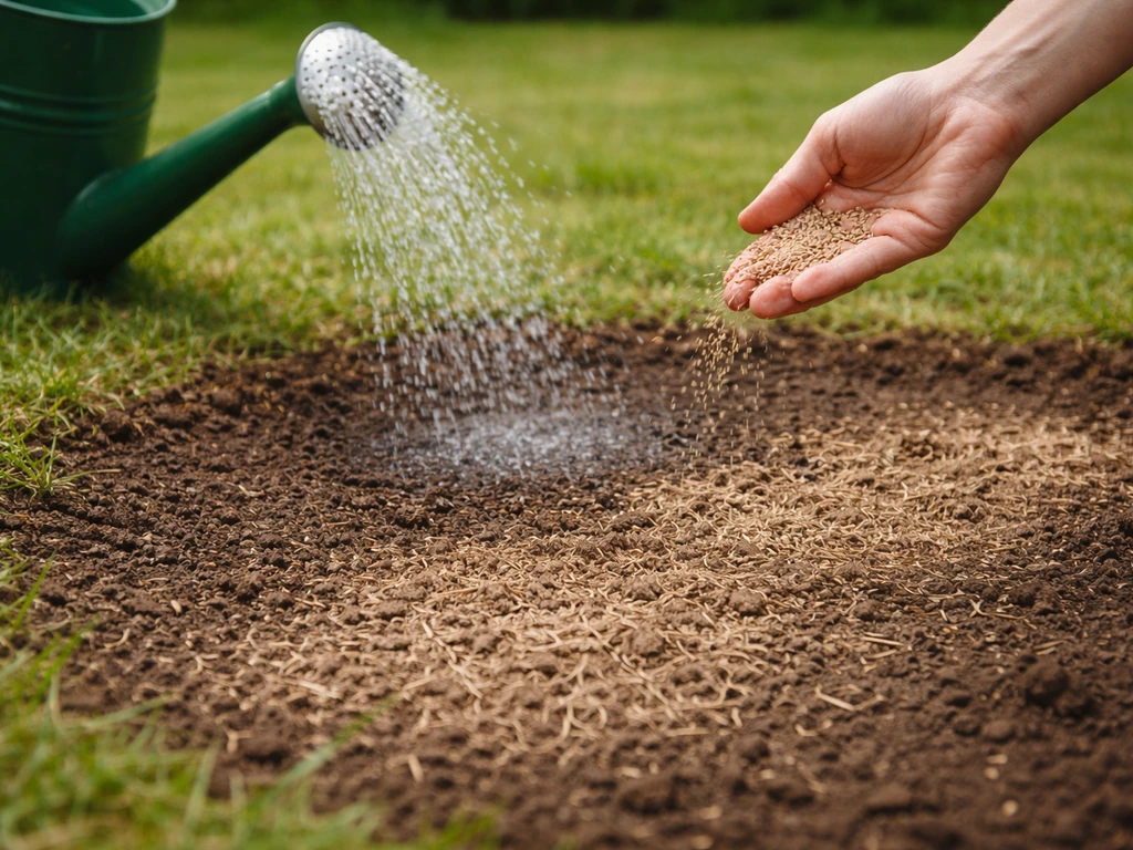 Jardinier arrosant au jet diffus puis semant et paillant légèrement une zone dégarnie après raclage.