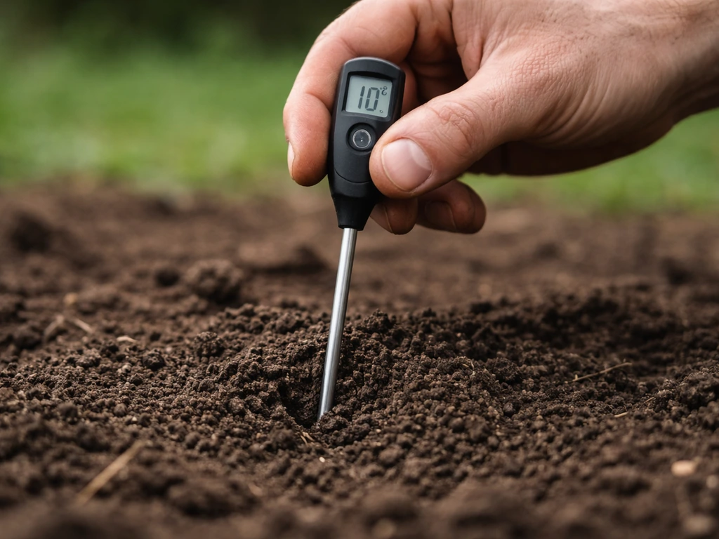 Mains tenant un thermomètre de sol dans une terre émiettée, sol ressuyé, mesure proche de 10 °C.