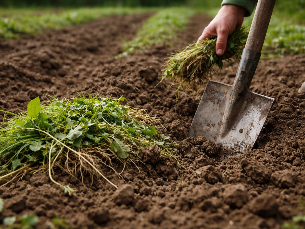 Désherbage manuel : herbes arrachées et bêche/motte de terre retournée sur une parcelle, lumière naturelle.