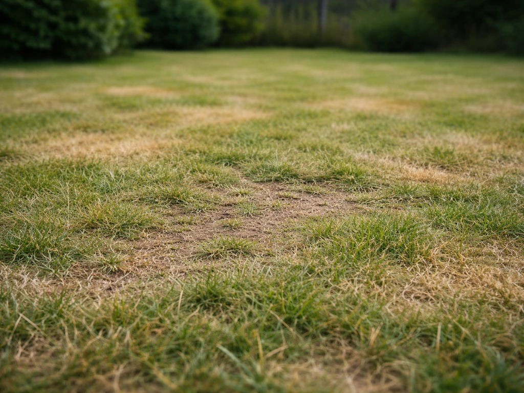 Pelouse clairsemée avec plaques jaunies et brunes, sol compacté évoquant le piétinement excessif.
