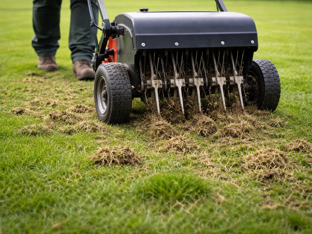 Scarificateur ou vertidrain en action sur une pelouse, ouvrant le sol et soulevant le feutre.
