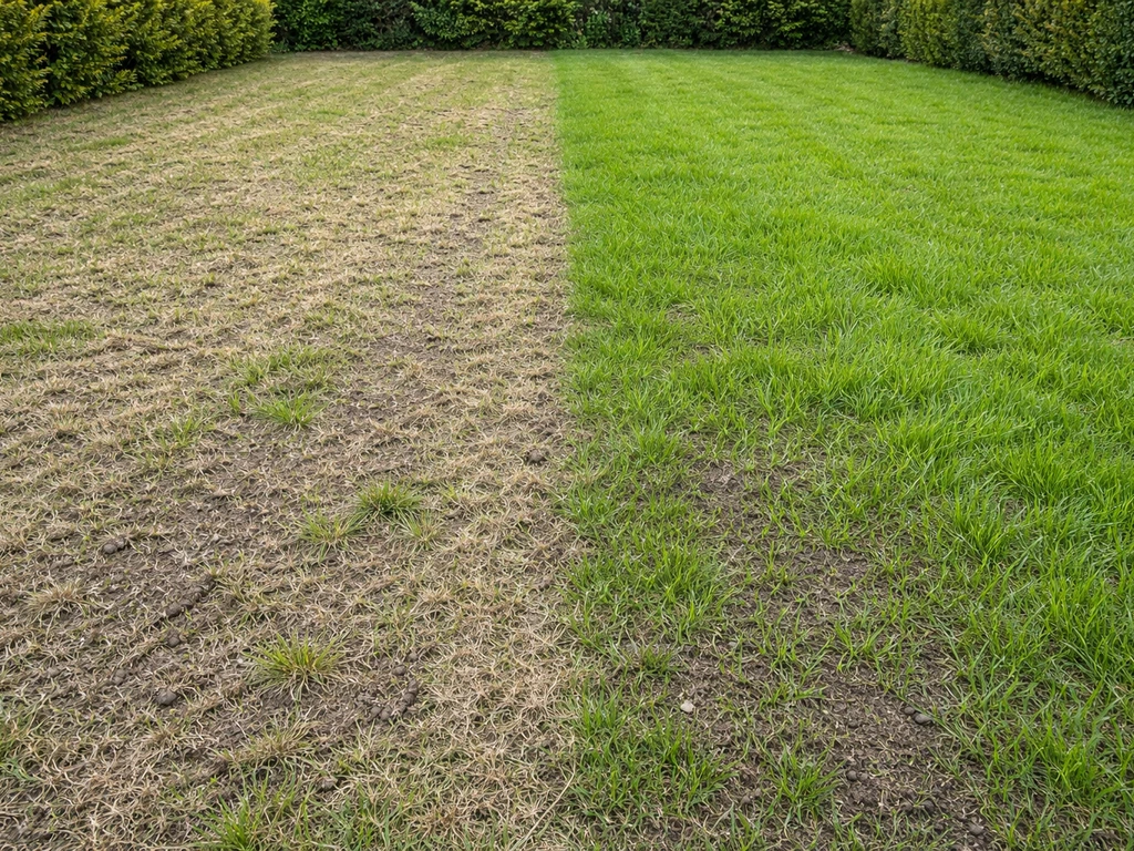 Pelouse avec feutre de chaume visible et une zone regarnie, illustrant l’action de déchaumer.