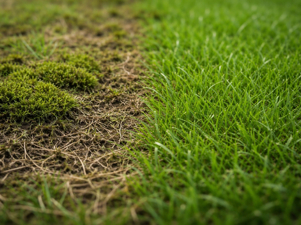 Gros plan sur mousse et chaume dans une pelouse, avec une zone d’herbe saine en comparaison.
