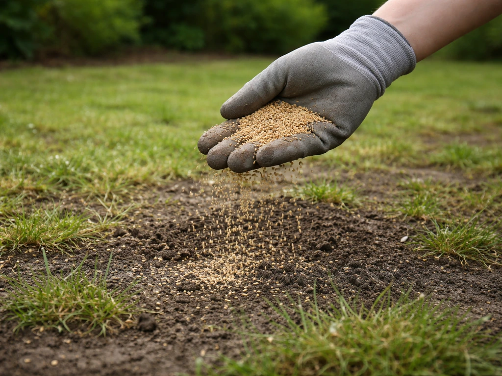Main gantée semant des graines de gazon sur une pelouse clairsemée, top-dressing léger et zones humides visibles.