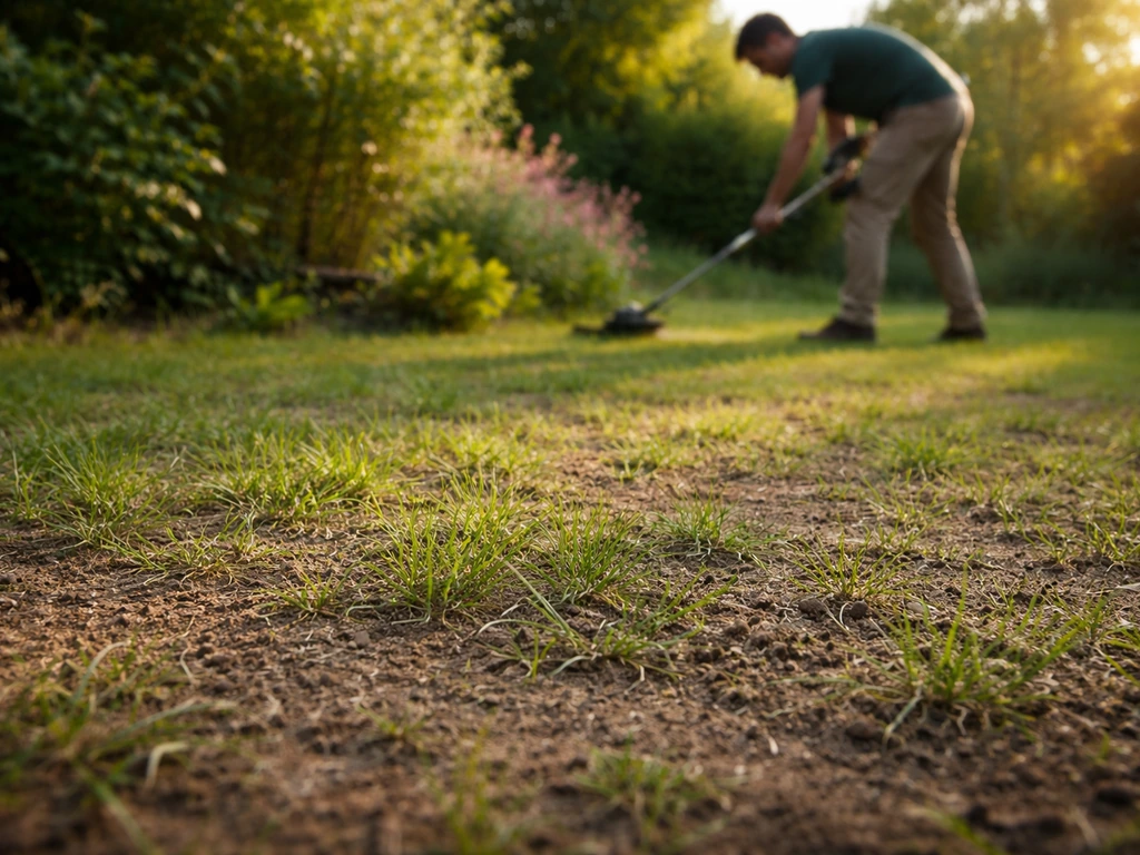 Pelouse et sol ressuyés après la pluie, jardin au soleil, tonte/débroussaillage discret avant le travail.
