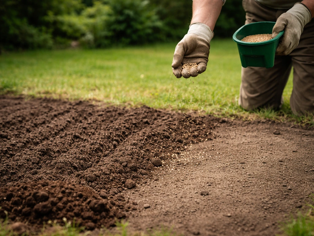 Sol partiellement griffé avec un semoir manuel distribuant des graines, compost en couverture, en jardin.