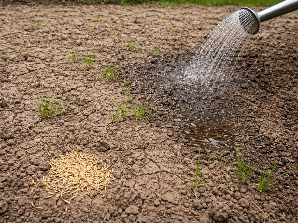 Graineaux et jeunes plantules clairsemées sur sol partiellement sec après décapage, arrosage insuffisant.