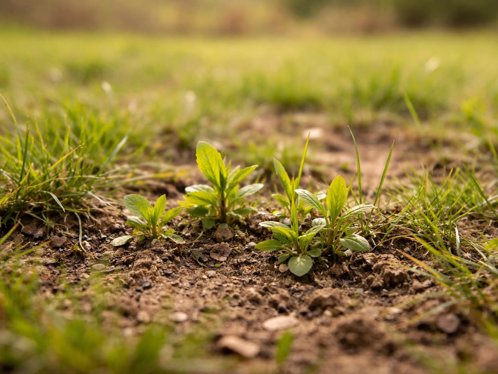 Jeunes mauvaises herbes vertes dans une pelouse printanière, sol encore frais mais en réchauffement