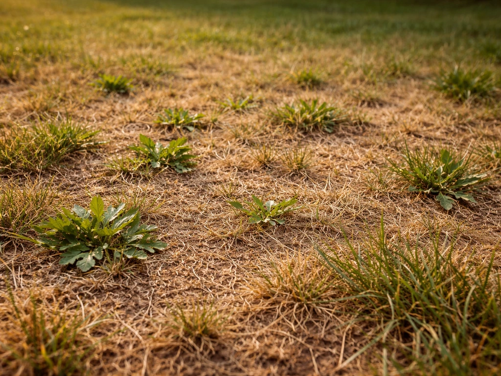 Pelouse jaunie en plein été avec mauvaises herbes visibles, sol inégal et herbes stressées