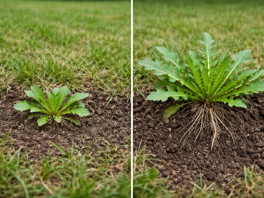 Pelouse avec deux mauvaises herbes côte à côte : jeune à gauche, bien installée à droite.