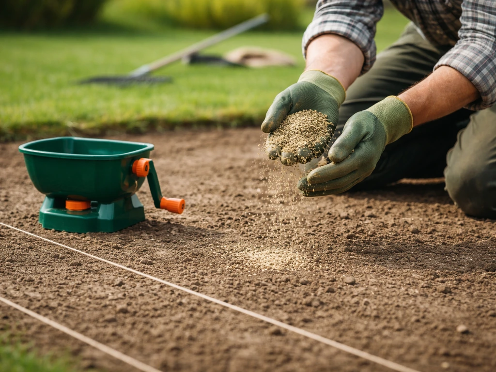 Mains éparpillant des graines sur une terre préparée, repères au sol pour la répartition, semis en cours.