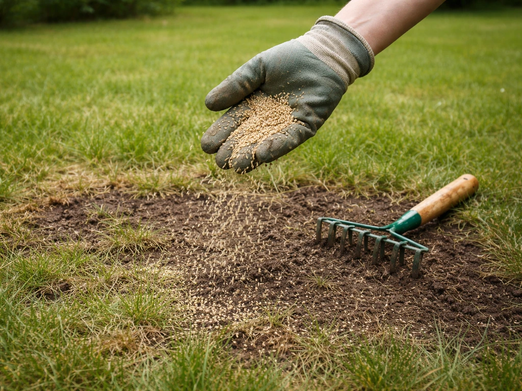 Main gantée qui sème des graines sur une pelouse clairsemée, zones dégarnies visibles, jardin calme.
