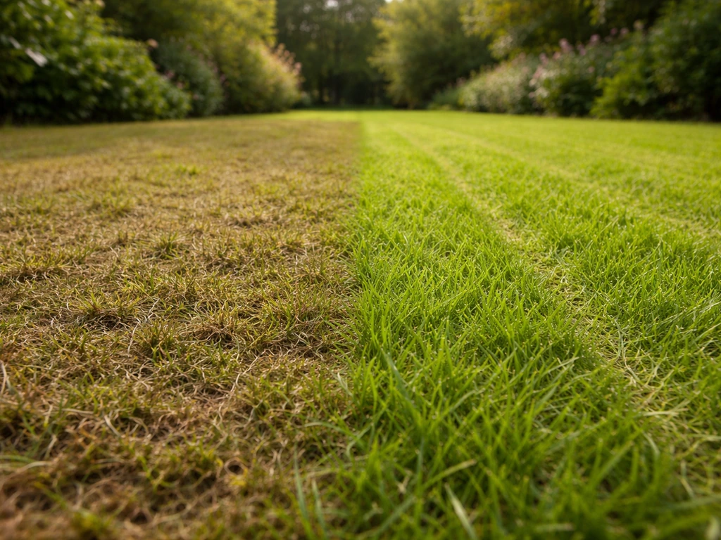 Pelouse avant/après déchaumage : mousse et feutre retirés, brins plus aérés après.