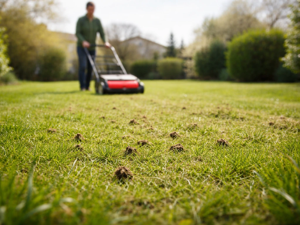 Pelouse de printemps ensoleillée avec un déchaumeur prêt à l’emploi en action, jardin résidentiel simple.
