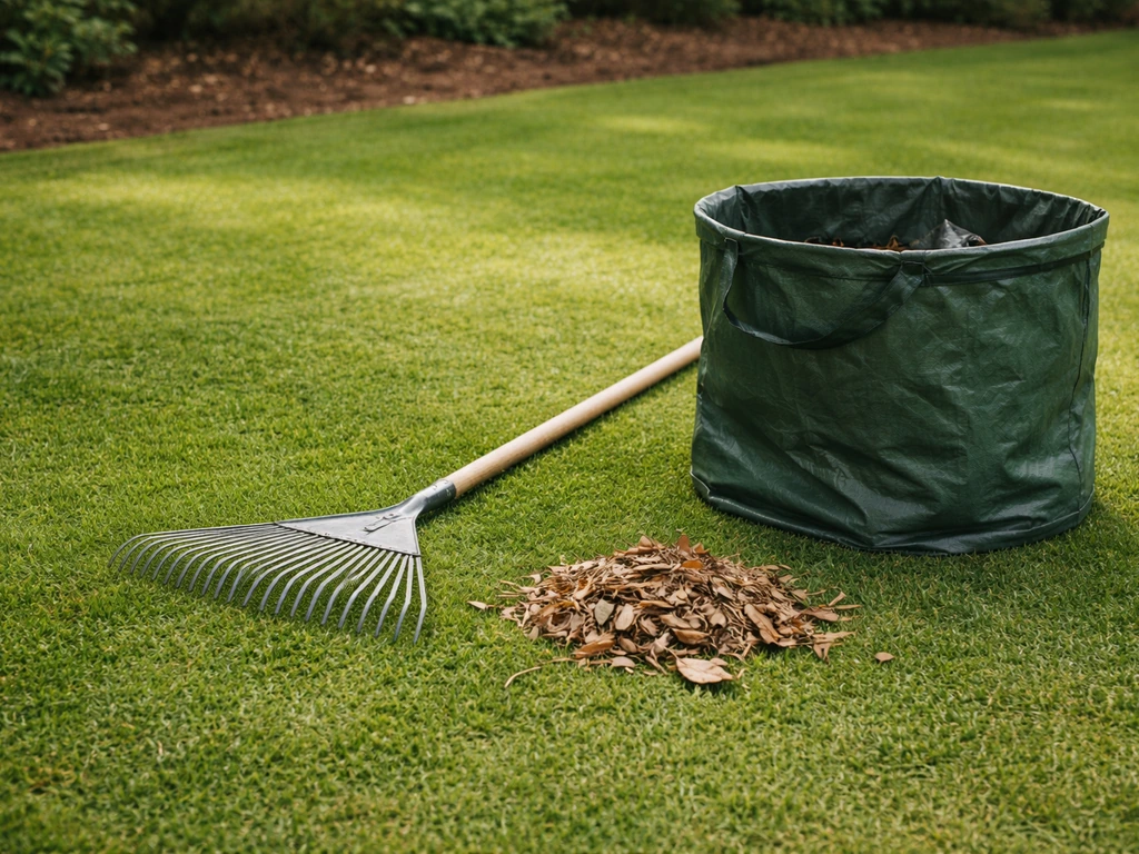 Pelouse fraîchement tondue à 2-3 cm, feuilles et petits débris ramassés avant l’usage d’un scarificateur.