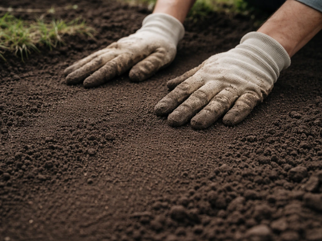 Main étalant un terreau fin en couche uniforme de 1 à 2 cm sur des creux de sol prêts à être semés.