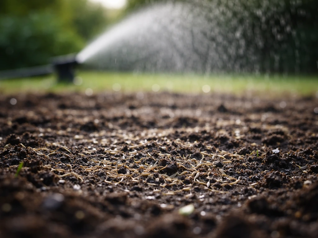 Graines de gazon semées recouvertes d’humidité, pluie fine d’un arroseur en arrière-plan flou.