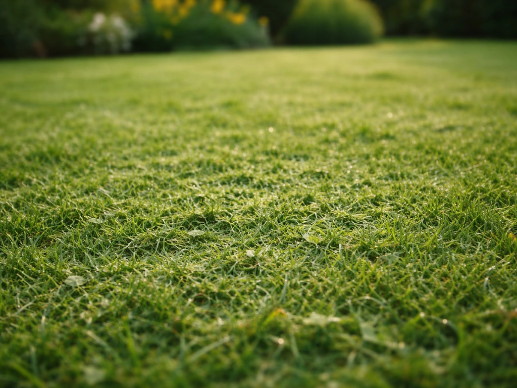 Pelouse fraîchement tondue avec résidus d’herbe courts laissés au sol, ambiance jardin naturel en France.