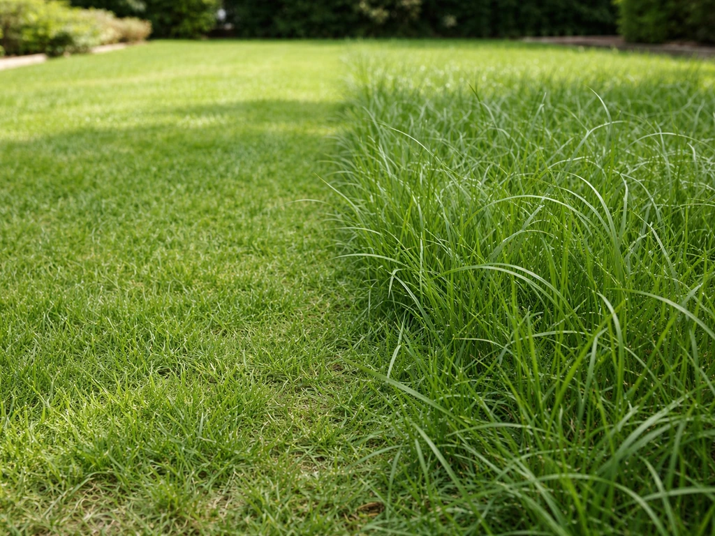 Comparaison photo: herbe courte et propre à gauche, herbe longue “jungle” à droite dans un jardin.