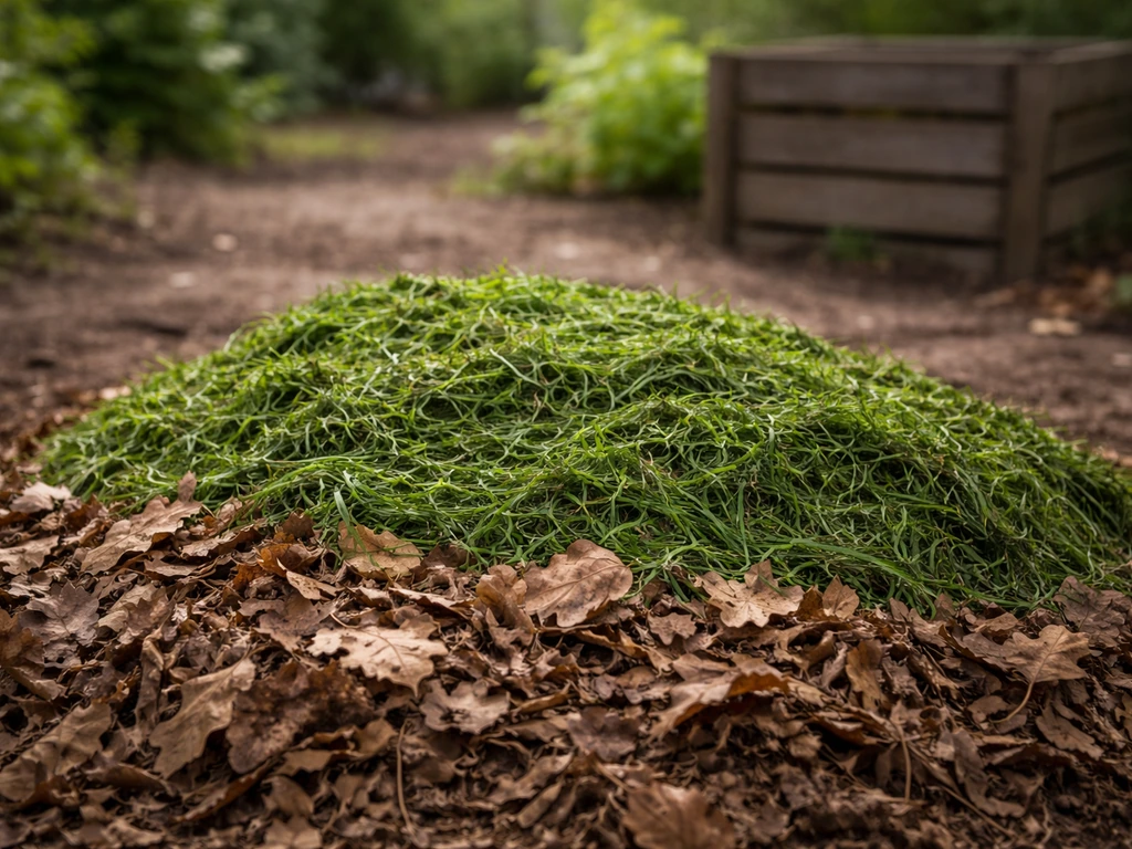 Tonte verte humide mélangée à des feuilles sèches brunes dans un petit tas de compost, proportions 1:2 à 1:3.