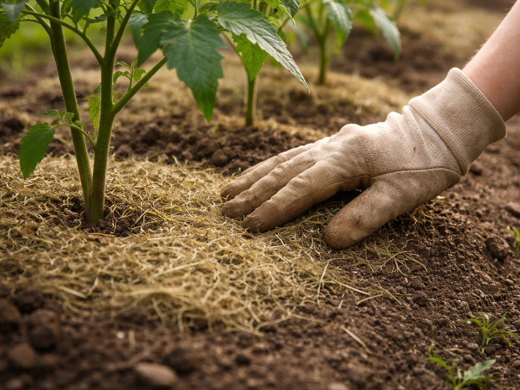 Une main étale de la tonte séchée en couche fine au pied de plants de tomates, dans un potager.