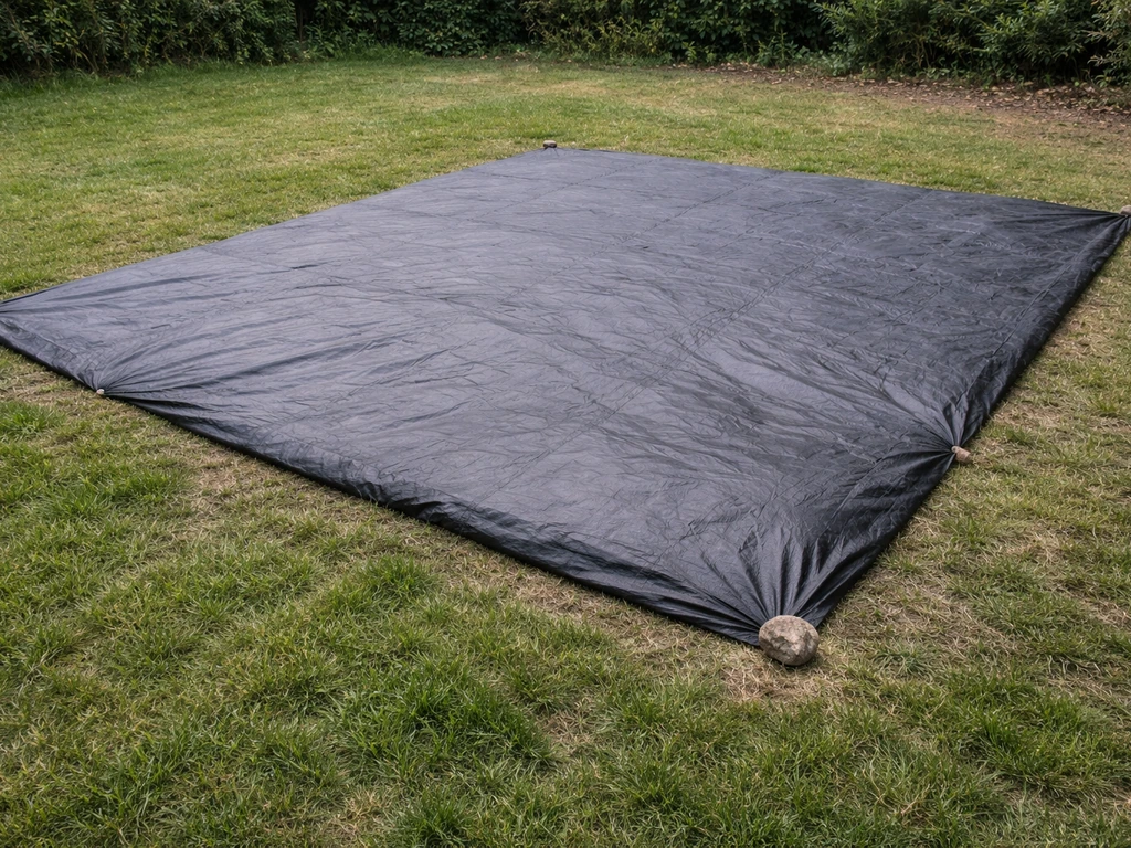 Pelouse recouverte d’une bâche noire opaque, bords maintenus au sol, méthode d’étouffement sans outils.