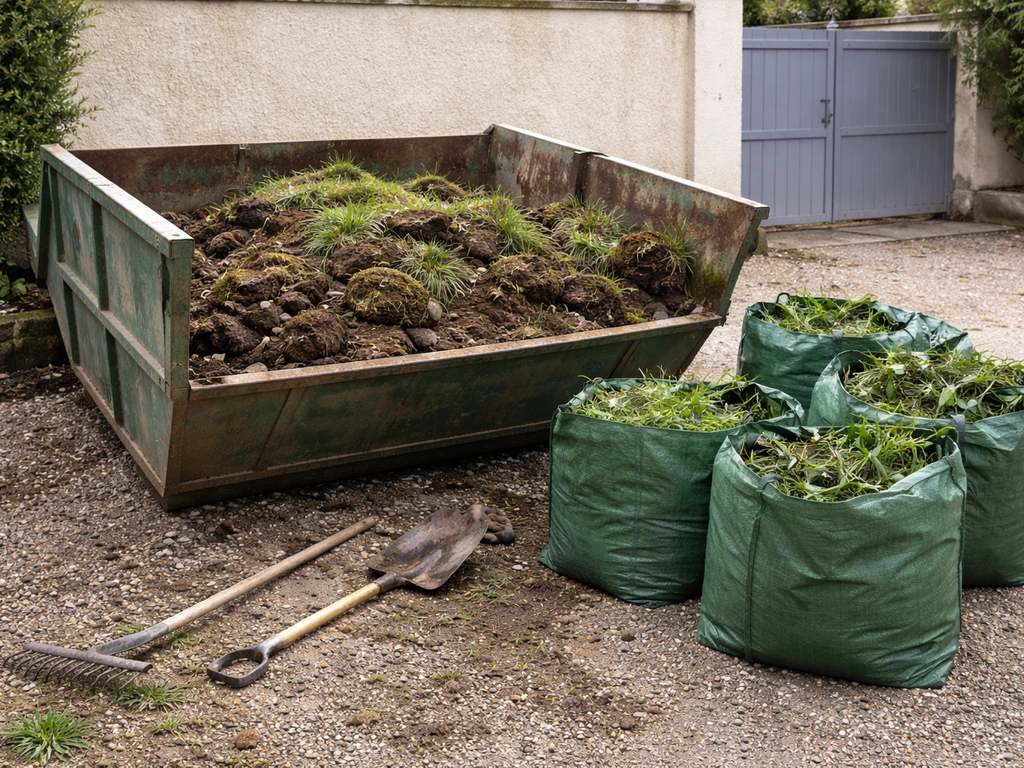 Sacs et une benne de déchets verts et terre sur une cour, prêts pour évacuation ou compostage