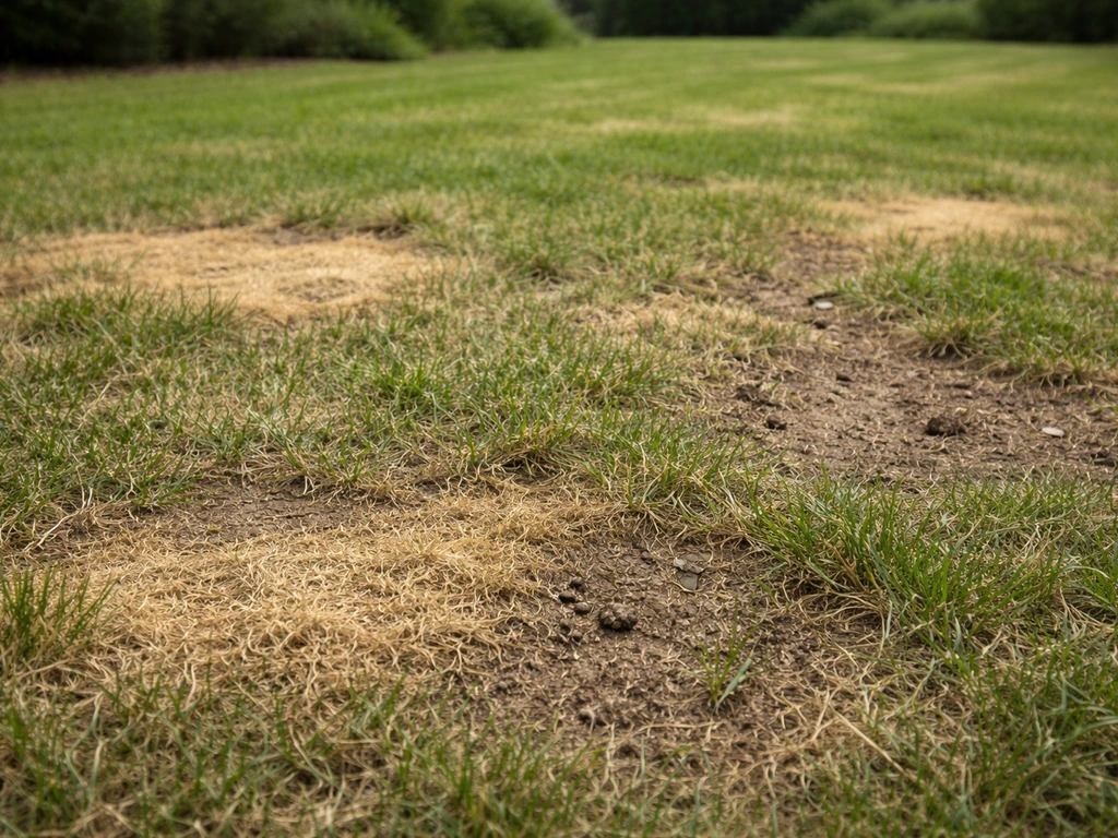 Pelouse vue de près avec zones jaunies, herbe clairsemée, trous et feutre brun, pour diagnostiquer avant regarnissage.
