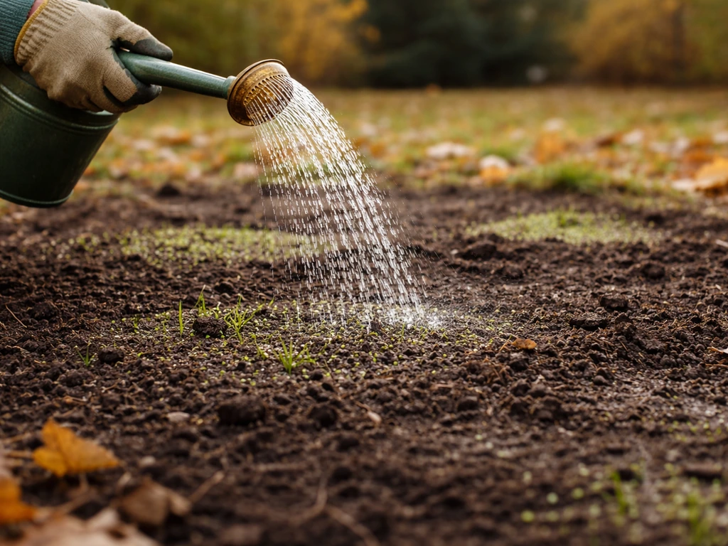 Jardin d’automne : regarnissage en cours, terre sombre humide et arrosage léger près du sol
