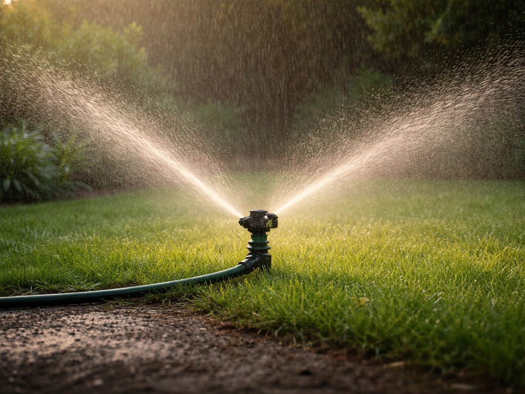 Arroseur automatique au petit matin, pluie fine sur le sol, jardin vert, réhydratation progressive visible.