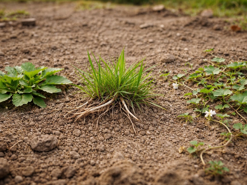 Trois types de mauvaises herbes (rosettes, chiendent à rhizomes, liseron rampants) visibles sur un sol avant désherbage.