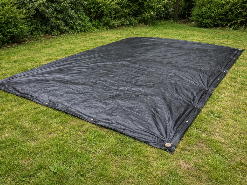 Une bâche opaque noire posée sur une parcelle de jardin, débordante et maintenue pour étouffer les mauvaises herbes.