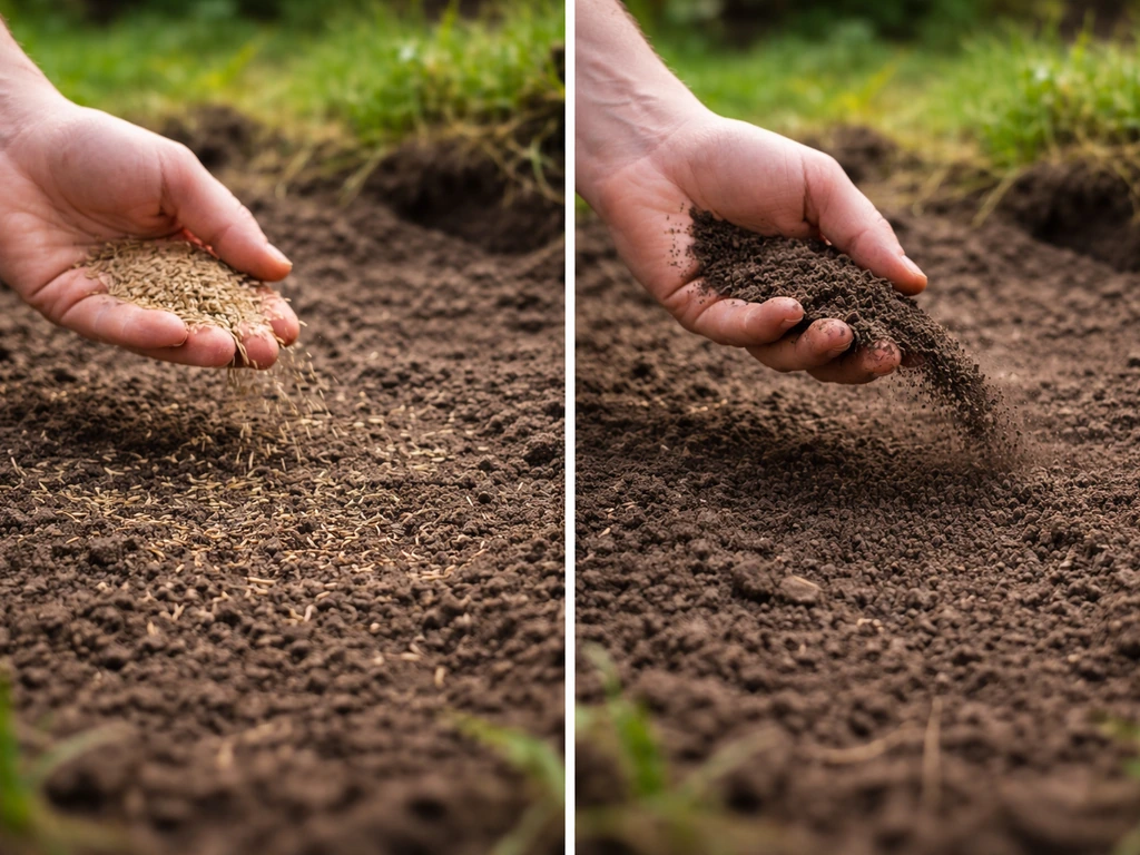 Semis de gazon au sol, graines épandues en croisillons puis recouvrement léger pour un bon contact