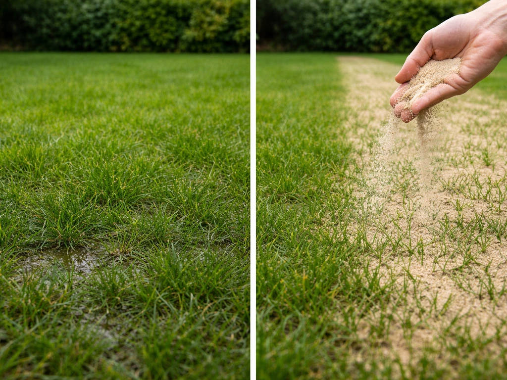 Pelouse avec zone sombre et humide comparée à une bande sablée plus claire, montrant l’intérêt du sablage.