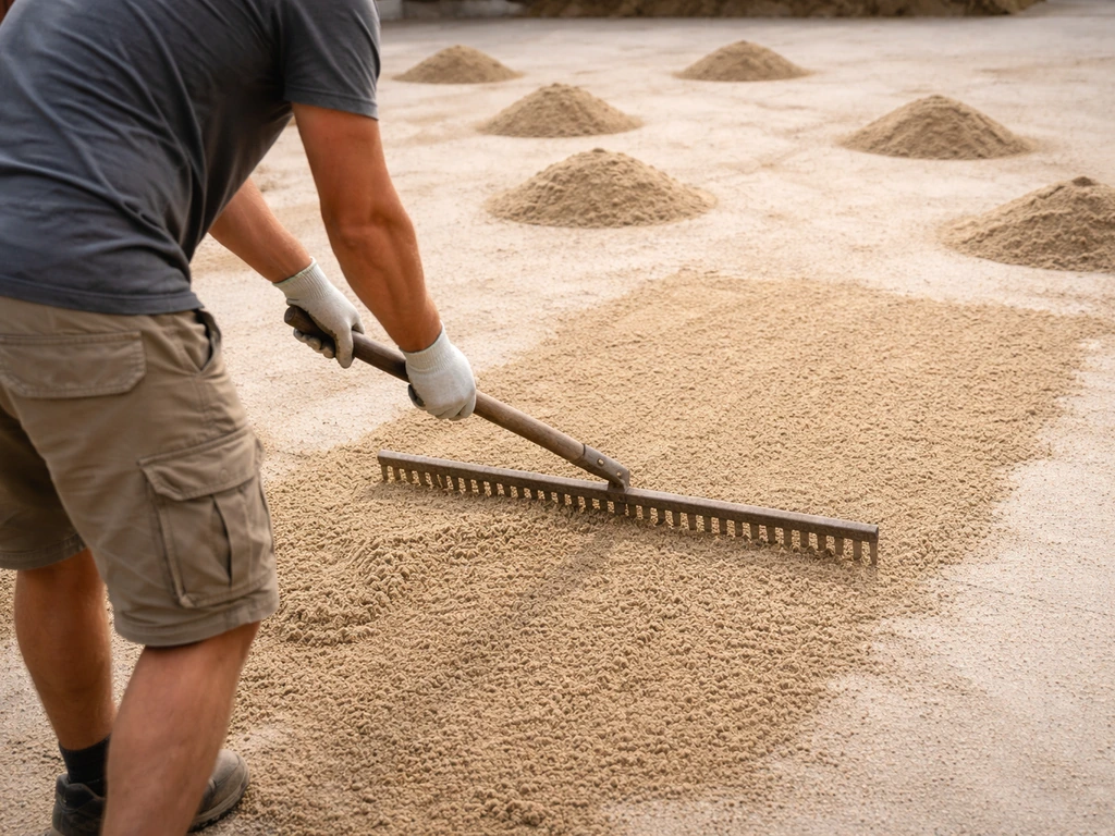 Petits tas de sable régulièrement répartis sur une surface, étalés au râteau en arrière-plan.