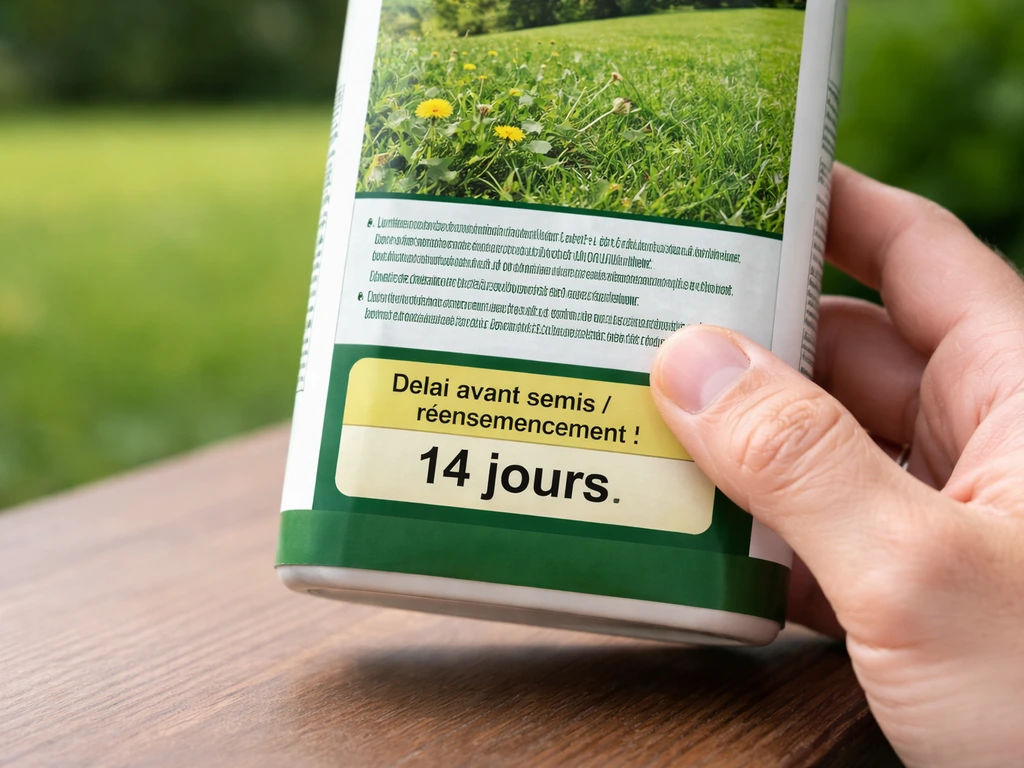Étiquette de désherbant de pelouse montrant un délai de réensemencement, tenue près d’une table, lumière naturelle.