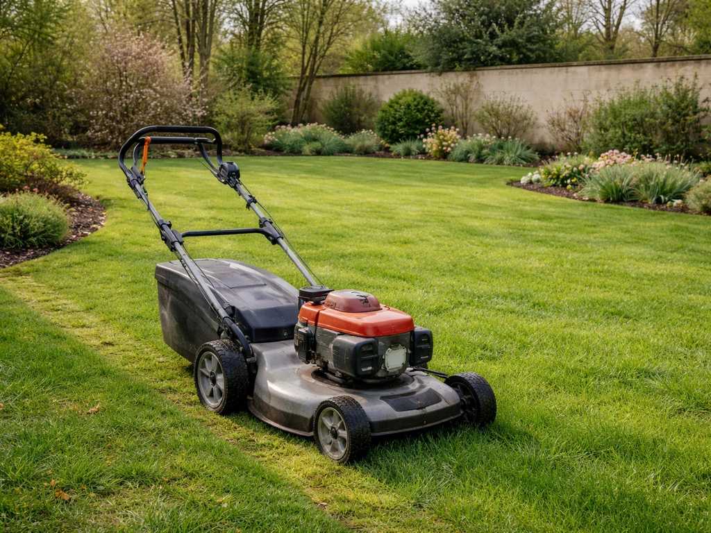 Pelouse fraîchement sortie d’hiver et tondeuse prête à l’emploi dans un jardin français, sans personnes.