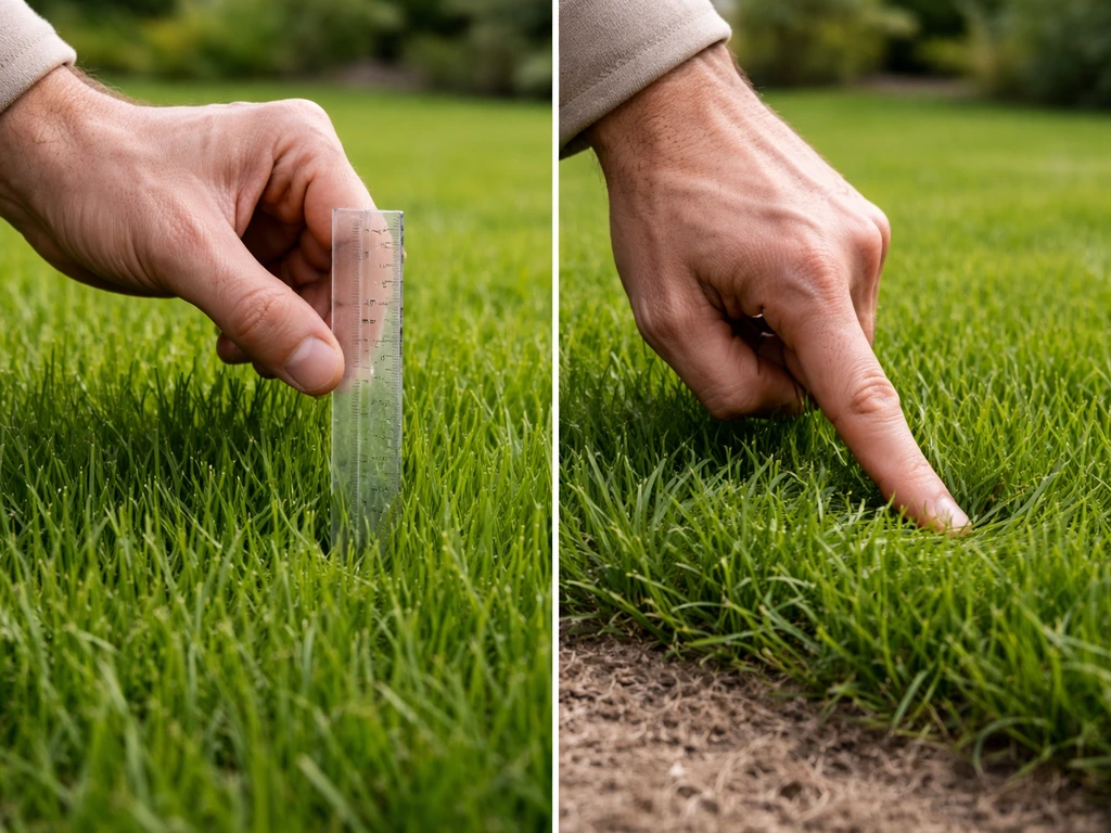 Jardinier anonyme vérifiant une pelouse : brins à hauteur correcte, sol non détrempé, pelouse résiliente.