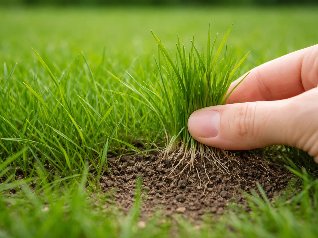 Deux doigts tirant doucement sur des brins d’herbe, la pelouse reste bien enracinée.